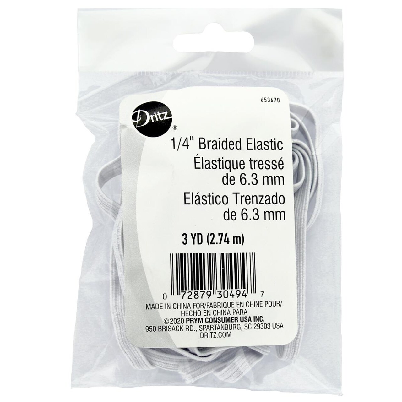 Dritz Elastic Braid 1/4" x 3yd White - Sewing Band for Crafts, Stretch Cord for Fabric Projects, 1/4 Inch Braid for DIY, Mask Making, and Repairs